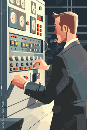 Businessman Adjusting Control Panel with Regulator Switch in Middle Position