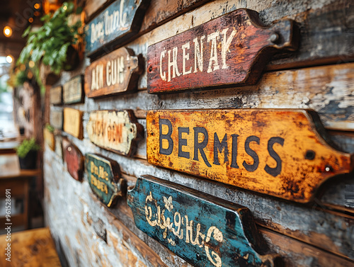 A collection of vintage wooden signs displaying various names, arranged in an artistic wall display.