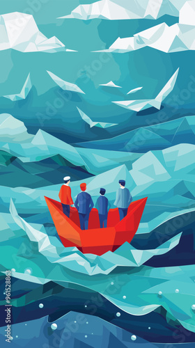 Business Leaders Navigating Paper Boat on Ocean of Opportunities, Lighthouse Guiding to Profit and Success