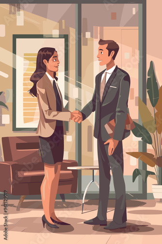 Businesswoman and man shaking hands after successful job interview in modern office conference room