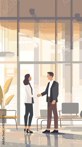 Businesswoman and man shaking hands after successful job interview in modern office conference room