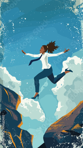 Businesswoman Jumping Off Cliff to Reach Sky Ladder: Overcoming Career Obstacles