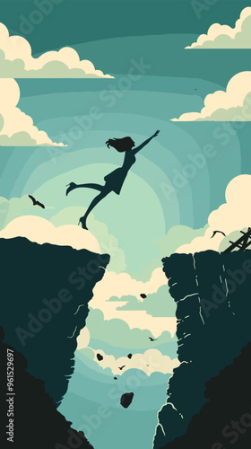 Businesswoman Jumping Off Cliff to Reach Sky Ladder: Overcoming Career Obstacles