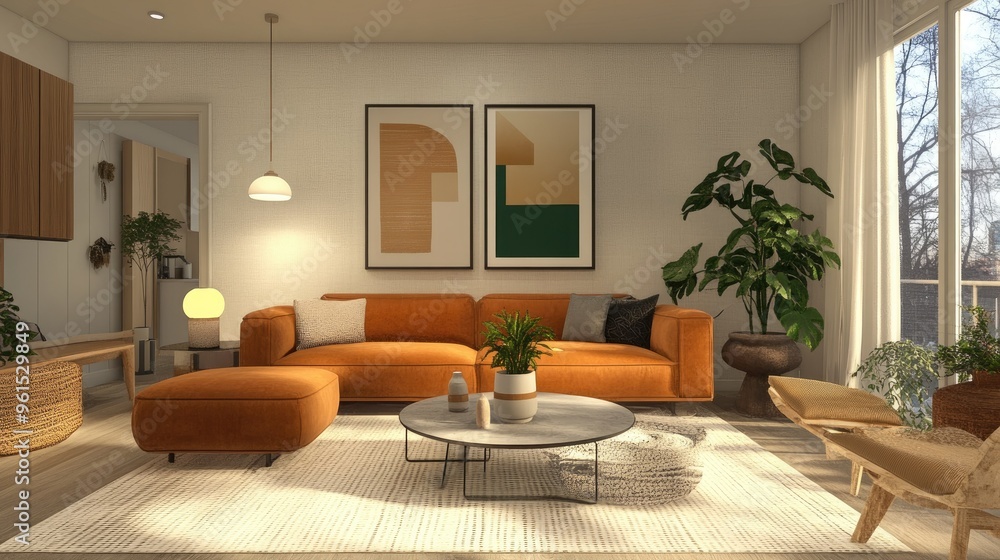 Scandinavian-inspired living room with modern furniture, a soft sofa, and warm decor elements. Scandinavian-inspired living room with modern furniture, a soft sofa, and warm decor elements.