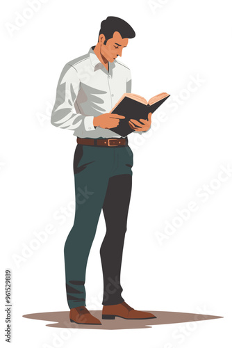 Businessman reading manual book for guidance, male employee with questions needs help and opens FAQ arrow