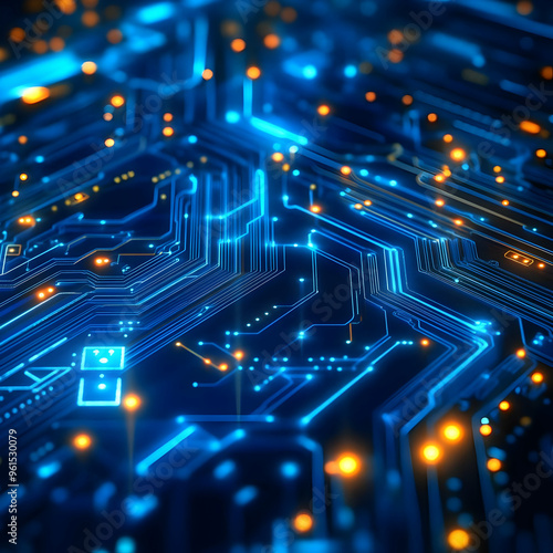 3D Illustration: Futuristic Circuit Board Data Flow with Blue and Orange Lights