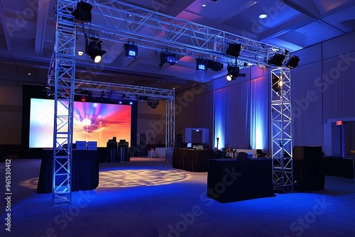 A Stage Setup With Trussing, Lights, and Screens in a Large Room photo