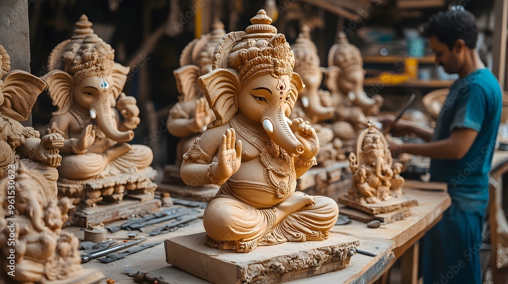 Fototapeta premium Clay Ganesha Idols Being Crafted by Artisan in Traditional Workshop