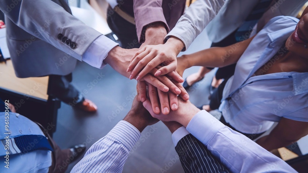 Fototapeta premium Close up top view of business people putting their hands together. Friends with stack of hands symbolizing their unity and supportand teamwork. Team set up for productive work and a positive result.Le