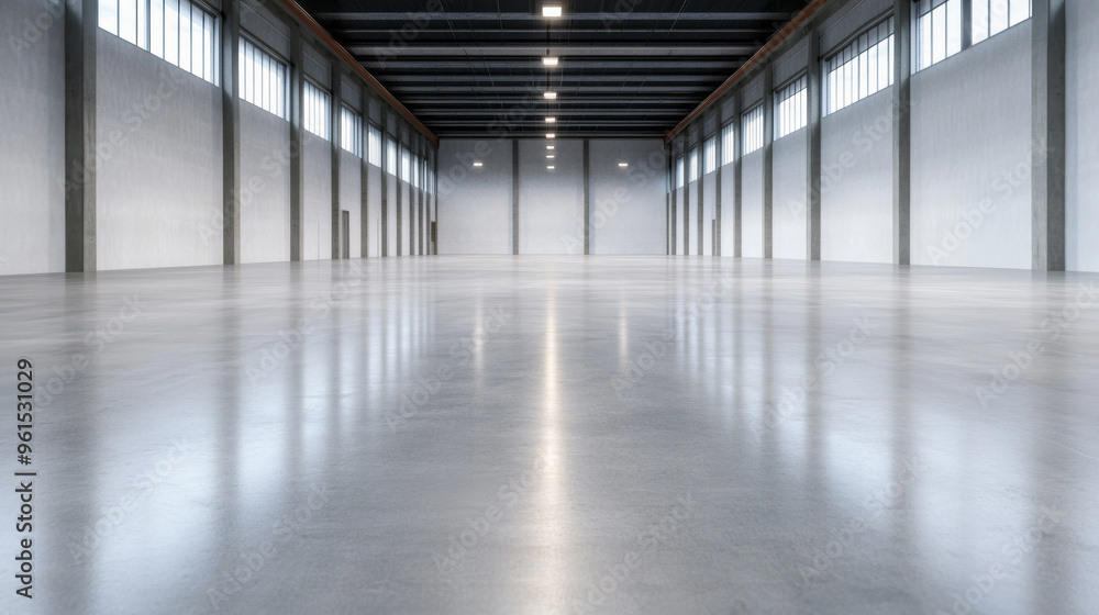 Empty warehouse with expansive floor space polished concrete clean industrial look ready for storage or manufacturing Empty warehouse with expansive floor space polished concrete clean industrial look ready for storage or manufacturing