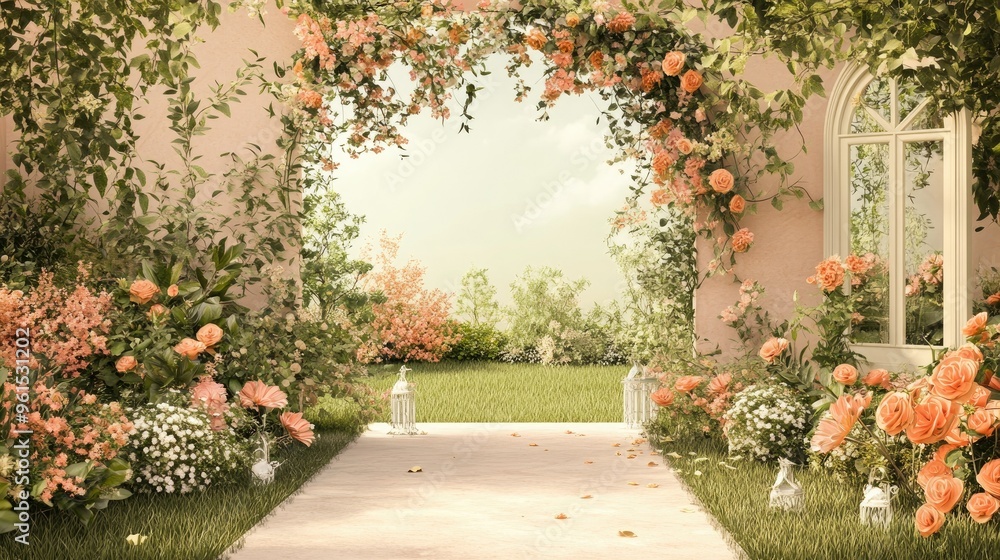 Serene garden wedding scene with a floral arch, plants, and bouquets, creating a romantic, nature-inspired background. Serene garden wedding scene with a floral arch, plants, and bouquets, creating a romantic, nature-inspired background.