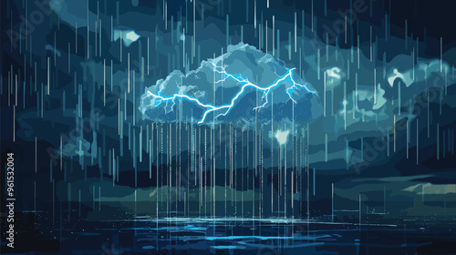 Barcode Cloud with Lightning and Rain Representing Shopping Addiction and Marketing Promotions