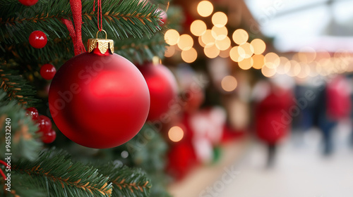 Festive Christmas bazaar with a mix of traditional and modern stalls, vibrant holiday decorations, and excited shoppers 