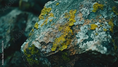 Close-up of a Stone Covered in Green and White Lichen