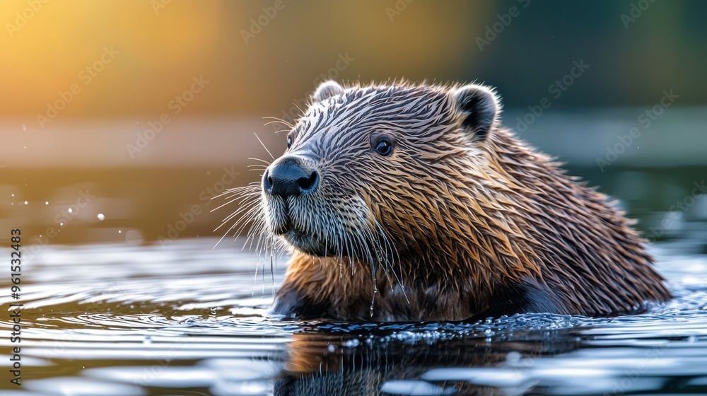Serene Beaver Emerging from Water at Dusk with Soft Light and Ripples Serene Beaver Emerging from Water at Dusk with Soft Light and Ripples