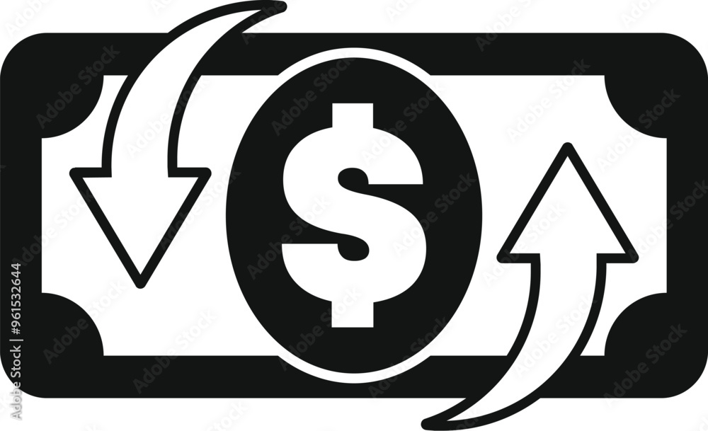 Black and white icon of a dollar banknote with one arrow pointing up and one arrow pointing down, representing money transfer Black and white icon of a dollar banknote with one arrow pointing up and one arrow pointing down, representing money transfer