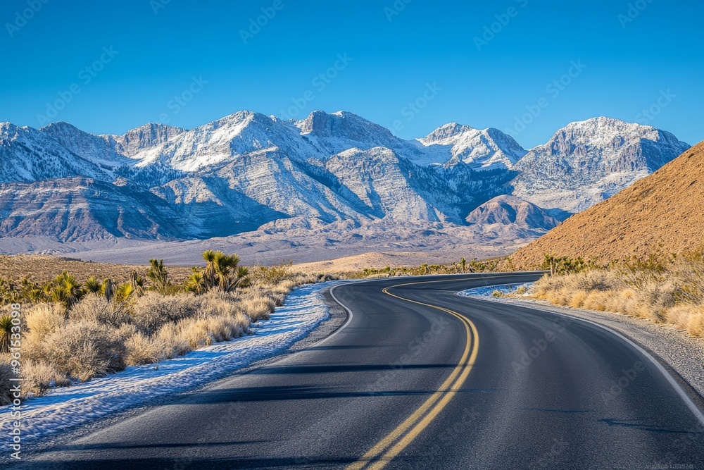 Fototapeta premium The photograph presents a Nevada desert highway from a wide-angle perspective, with snow-capped peaks in the distance. The road is empty, surrounded by desert shrubs and a cloudless blue sky.