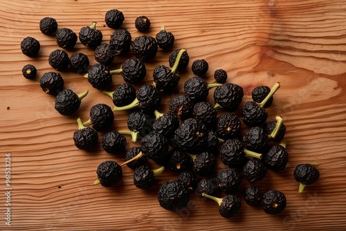 Bold Black Pepper Pods on Natural Wood Surface