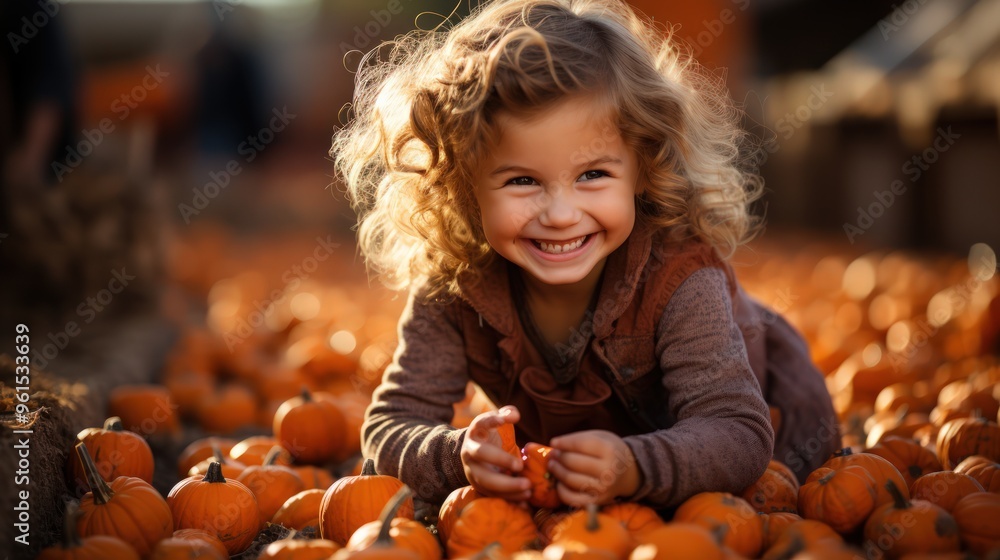 Smiling child playing among small orange pumpkins on a farm, perfect for autumn harvest and Halloween themes, outdoor countryside fun in fall. Smiling child playing among small orange pumpkins on a farm, perfect for autumn harvest and Halloween themes, outdoor countryside fun in fall.