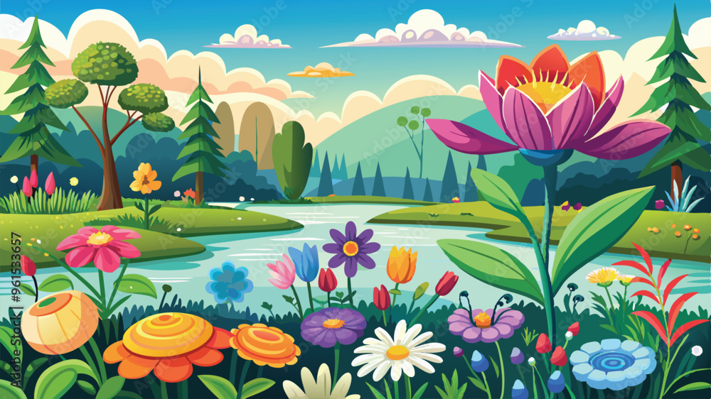 Spring flowers in bloom river vector art illustration Spring flowers in bloom river vector art illustration