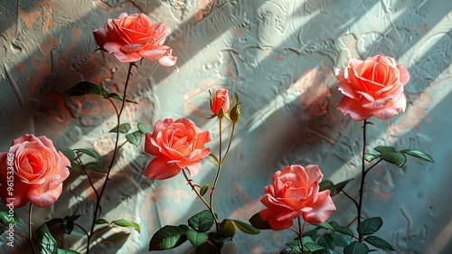Pink roses in sunlight with textured wall background, romantic floral scene. Nature and beauty concept