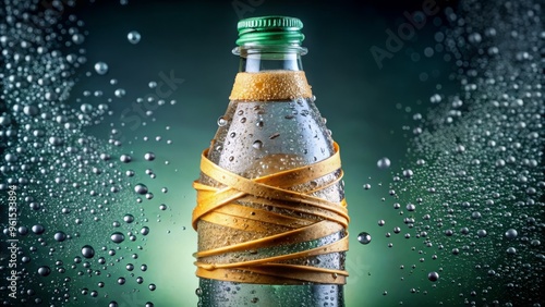 • A rubber band wraps around a bottle of bubbly water, its elastic grip weakening as a few transparent droplets escape from the corked top.