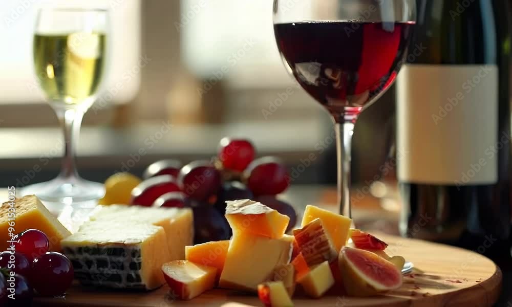 Glass of red wine with cheese platter, Video