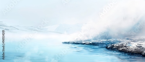  A painting of a serene body of water with a towering mountain backdrop and steam ascending from its surface