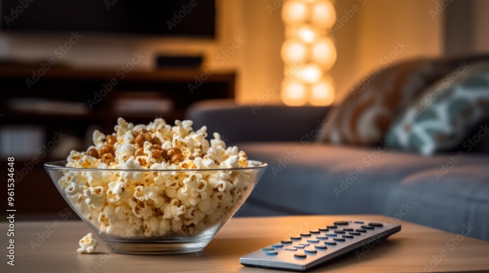 A cozy home setup with a glass bowl of popcorn and a TV remote, ideal for movie night, entertainment, and home theater relaxation themes. A cozy home setup with a glass bowl of popcorn and a TV remote, ideal for movie night, entertainment, and home theater relaxation themes.