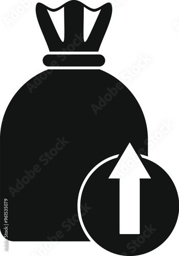 Black and white icon of a full garbage bag with an up arrow sign, symbolizing increasing amounts of trash