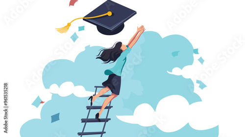 Determined Student with Short Ladder Reaching for Graduation Hat, Pursuing Higher Education Despite Financial Obstacles