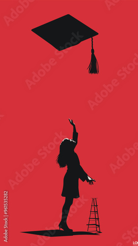 Determined Student with Short Ladder Reaching for Graduation Hat, Pursuing Higher Education Despite Financial Obstacles