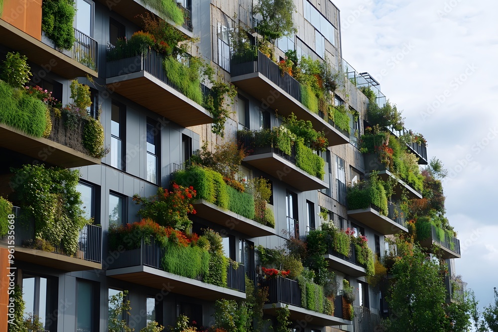 Modern Apartment Building with Greenery on Balconies Modern Apartment Building with Greenery on Balconies