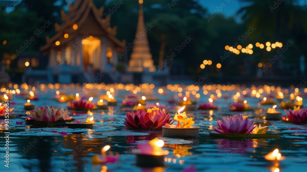 Floating candles and lotus flowers on water in front of a temple during a peaceful night festival.
Floating candles and lotus flowers on water in front of a temple during a peaceful night festival.