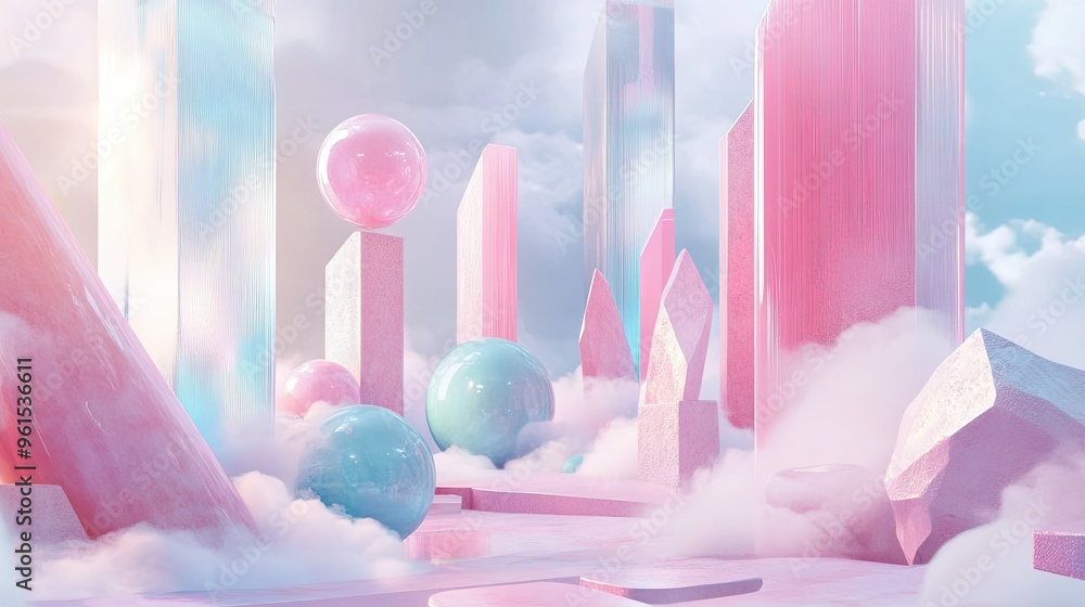 Surreal pastel environment with geometric shapes and a whimsical, ethereal feel. Surreal pastel environment with geometric shapes and a whimsical, ethereal feel.