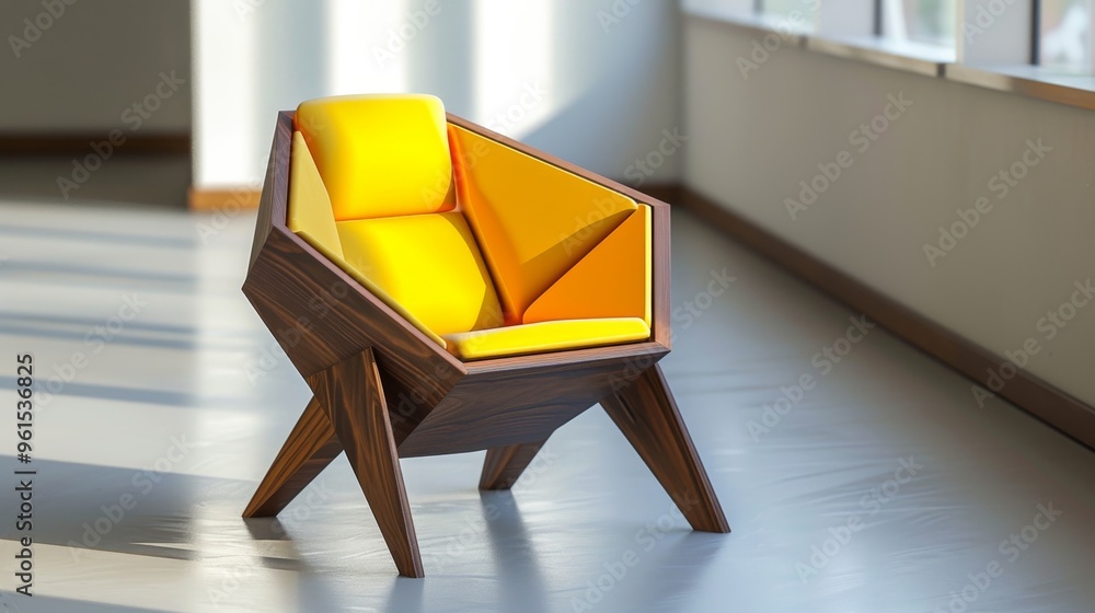 A stylish wooden armchair featuring sharp geometric design and vibrant yellow cushions. Set in a sunlit, minimalist room, this chair exemplifies modern interior design.