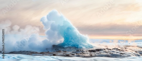  A substantial iceberg, situated in the midst of a water body, emits steam from its summit photo