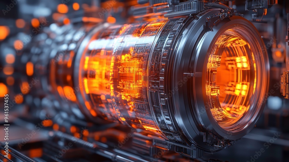 Depiction of nuclear fission reactor core, focusing on energy transfer and control systems Depiction of nuclear fission reactor core, focusing on energy transfer and control systems