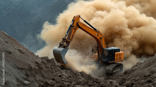 Heavy machinery drilling deep into a cliffside with a cloud of dust rising in the air, powerful and intense scene 