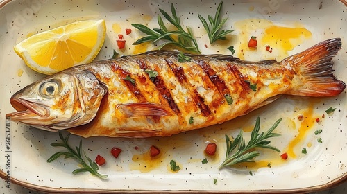 gourmet seafood illustration stylized grilled fish on elegant ceramic plate vibrant lemon wedge and fresh herbs accentuate watercolorinspired textures with bold outlines photo