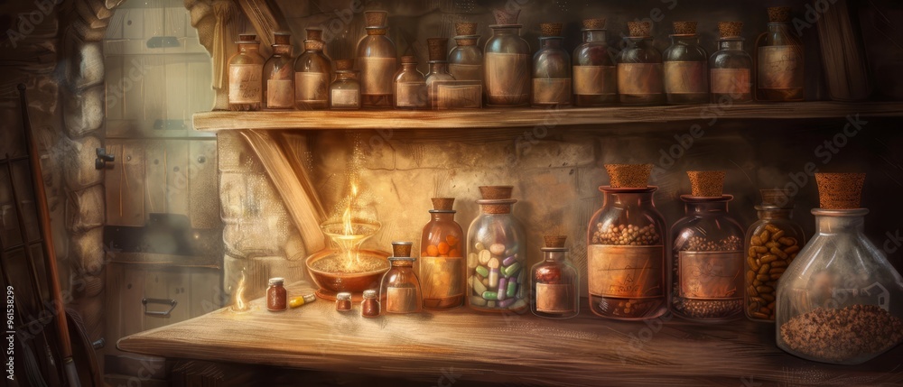 A shelf laden with numerous bottles adjacent to another stocked with diverse jars and containers A shelf laden with numerous bottles adjacent to another stocked with diverse jars and containers
