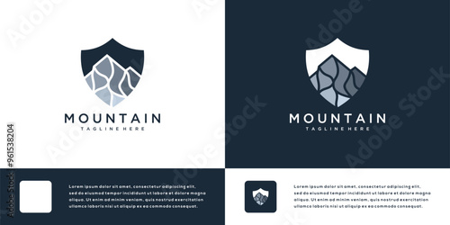 Mountain logo icon design illustration with shield. Abstract outdoor mountain logo symbol.	
