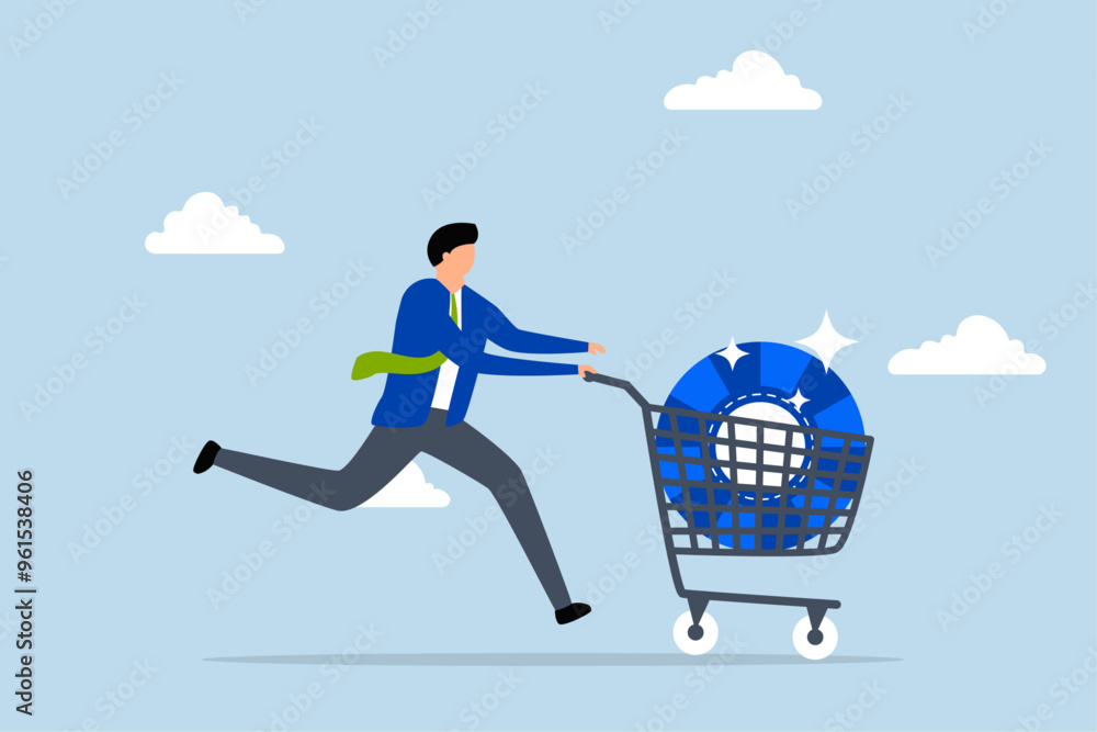 Buy blue chip stock with high expected return, Entrepreneur investor purchasing top-tier stocks in shopping cart. Buy blue chip stock with high expected return, Entrepreneur investor purchasing top-tier stocks in shopping cart.