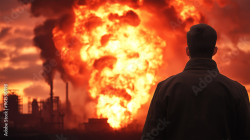 Individual in shock looking at a chemical plant explosion, with fireballs and toxic smoke clouds rising 