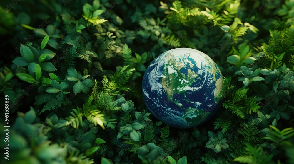 The Earth globe nestled in a lush green forest, representing a healthy environment and nature. The Earth globe nestled in a lush green forest, representing a healthy environment and nature.