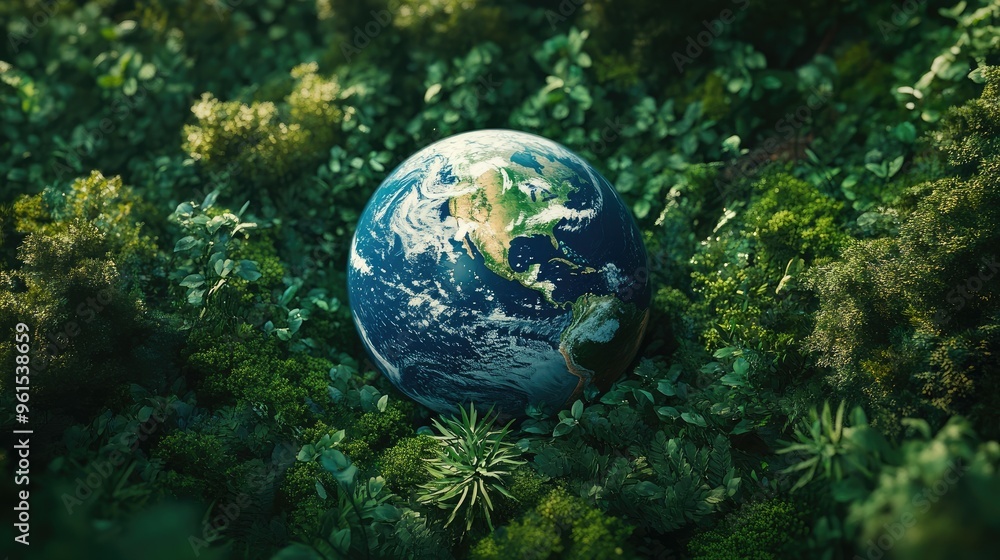 The Earth globe nestled in a lush green forest, representing a healthy environment and nature. The Earth globe nestled in a lush green forest, representing a healthy environment and nature.