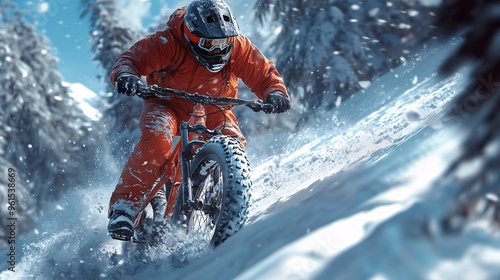 Snowy slope with a man riding a bike, showcasing the adventurous spirit of winter sports.