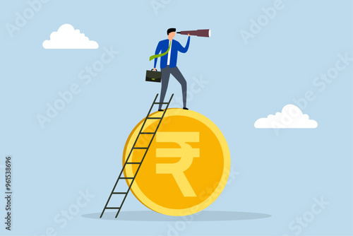 India economic, Intelligent business leader ascends ladder on Indian rupee coin with telescope searching for vision.