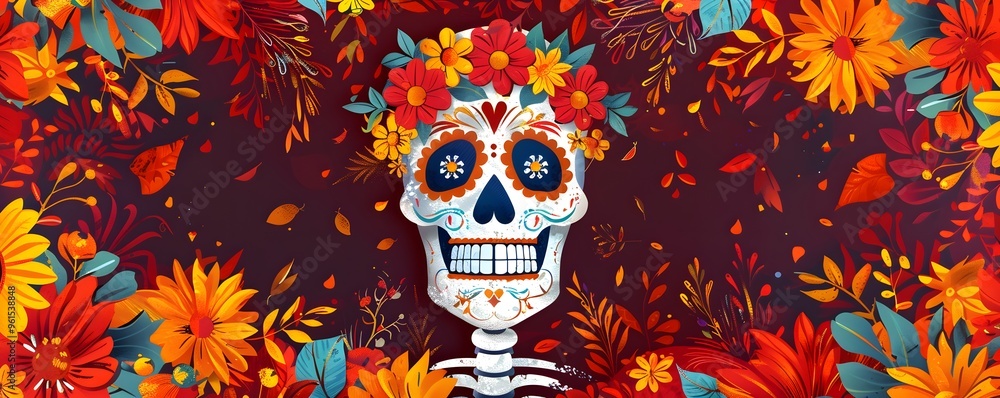 A vibrant Day of the Dead skull adorned with colorful flowers and autumn leaves, representing celebration and remembrance. A vibrant Day of the Dead skull adorned with colorful flowers and autumn leaves, representing celebration and remembrance.