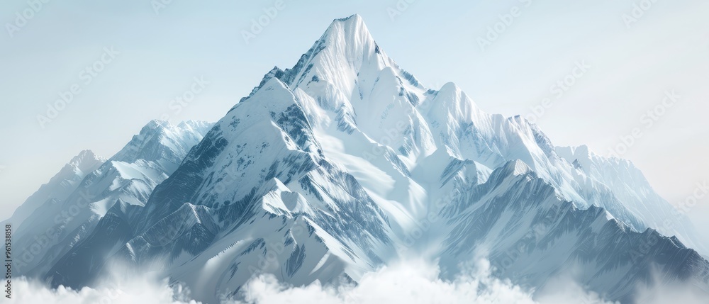 Obraz premium A towering mountain, entirely cloaked in snow, rises amidst a sea of clouds before giving way to a clear blue sky